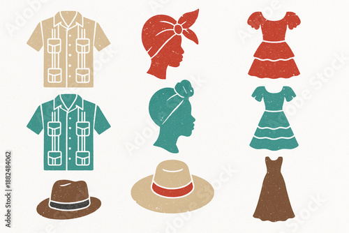 Cuban Traditional Clothing Icon Set Flat Vector Illustration