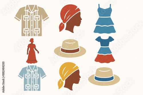 Cuban Traditional Clothing Icon Set Flat Vector Illustration