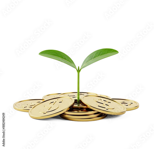 A green plant growing from a pile of gold coins on a png transparent