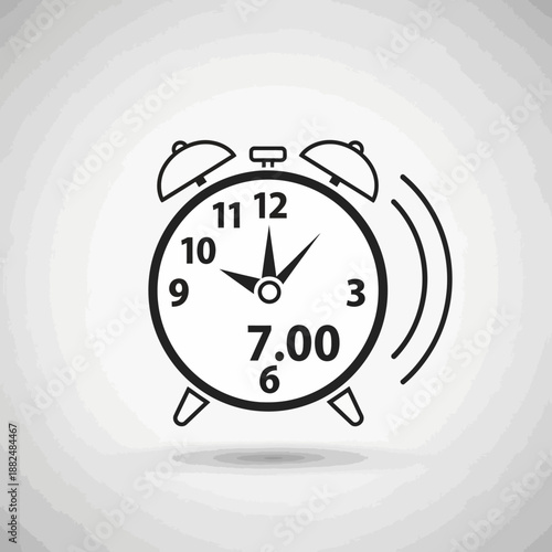 Ringing Alarm Clock Icon Vector Illustration Showing 7:00 AM. Time Management, Morning Wake Up, Deadline Schedule Symbol.