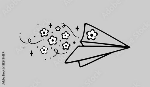 Hand drawn paper plane flying with cute flowers and magic stars illustration