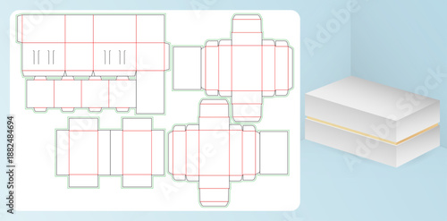 White Gift Box Packaging Mockup with Gold Accent and Die Cut Templates for your product in the form foldable crease thickness for bakery shops, products compartments unique designs