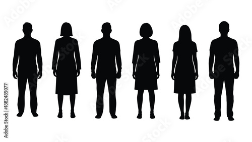 Silhouettes of six individuals isolated on white background, Vector