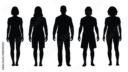 Silhouettes of five individuals isolated on white background, Vector