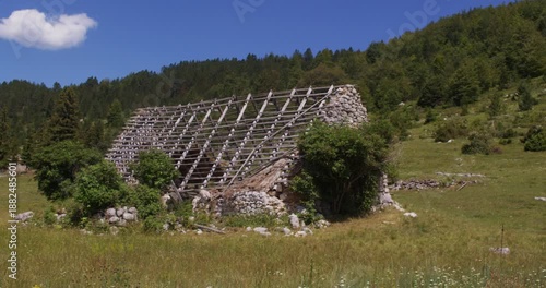 Ruined Stone and Timber Barn on Alpine Meadow, Blidinje Bosnia and Herzegovina