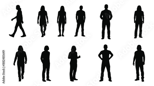 Silhouettes of people in various poses isolated on white background, Vector