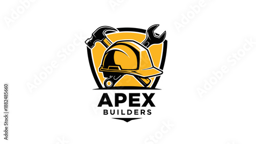 Apex Builders Logo with Hard Hat Hammer and Wrench.