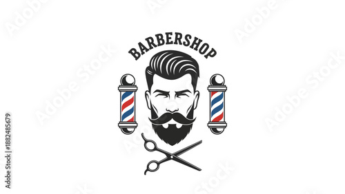 Barbershop Logo Design Featuring a Man with Mustache and Scissors.