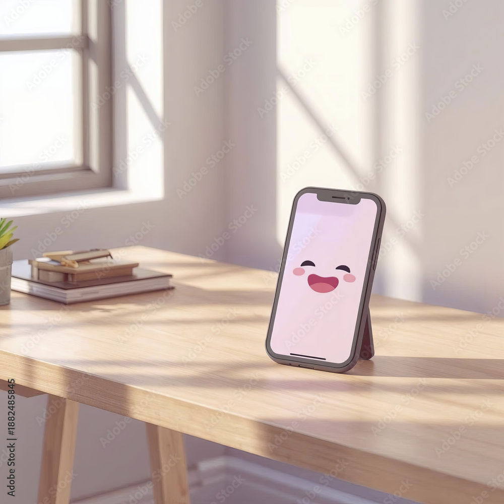 custom made wallpaper toronto digitalCute smartphone with smiling face its screen is placed modern wooden desk, illuminated by soft daylight from window, creating minimal workspace