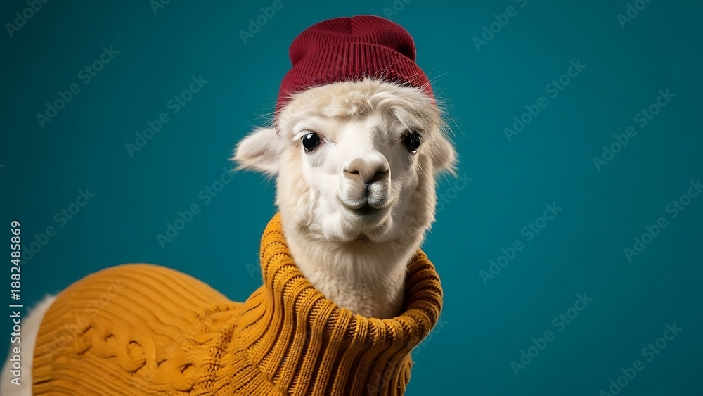 Fototapeta premium Alpaca Wearing a Red Beanie and Yellow Sweater image stock