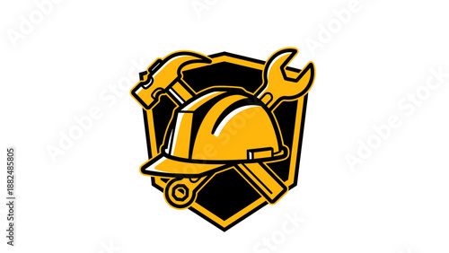 Construction worker safety helmet with tools emblem.