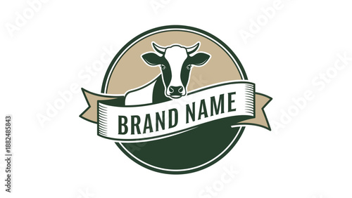 Farm Fresh Dairy Cow Emblem with Brand Name Banner.