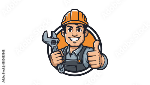 Friendly construction worker holding a wrench and giving a thumbs up.