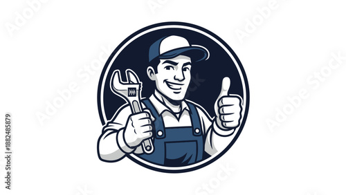 Friendly Mechanic with Wrench and Thumbs Up in Circular Logo Design.