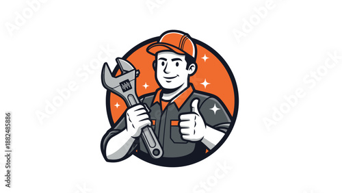 Friendly Mechanic with Wrench Giving Thumbs Up.