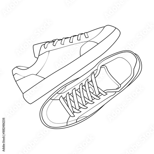 Angled view outline of a pair of men's casual sneakers. Vector line art of trendy court style footwear isolated on white background. Streetwear fashion design.