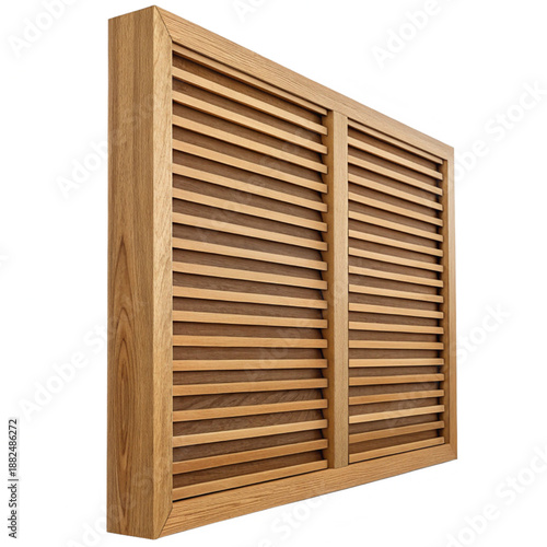 A wooden acoustic louver panel with angled slats for modern interior design and sound absorption