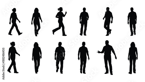 Various silhouettes of people walking and standing isolated on white background, Vector