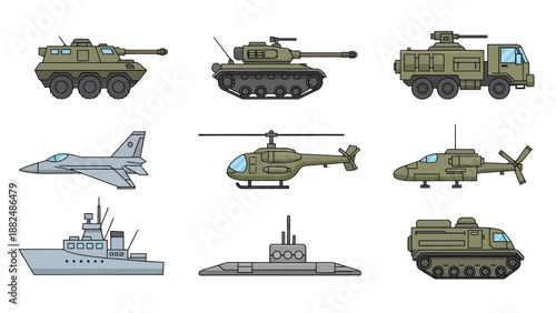 Detailed Flat Vector Illustration Set of Military Vehicles Including Heavy Tanks, Jet Fighters, Attack Helicopters, Warships, and Submarines on White Background.