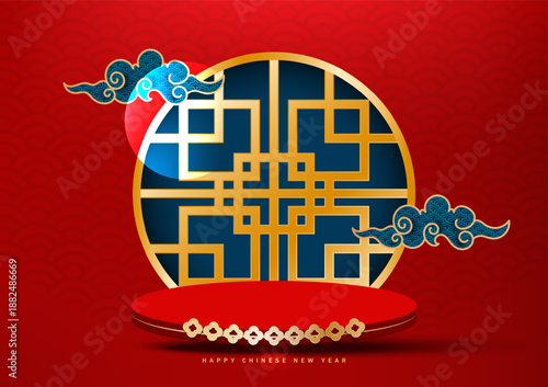 Festive red and gold Pedestal for product presentation on Chinese New Year. Vector illustration.
