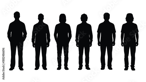 Silhouettes of six individuals standing isolated on white background, Vector