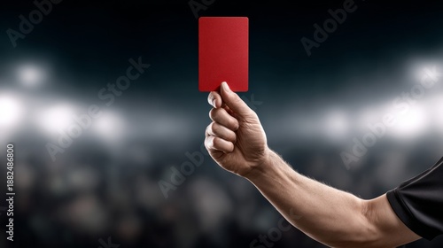 Referee showing red card in stadium, decisive sports moment symbolizing rule enforcement, discipline and fair play in competition
