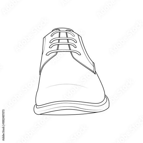 Front view outline of a men's formal oxford shoe. Vector line art of classic leather footwear isolated on white background. Perspective walking style.