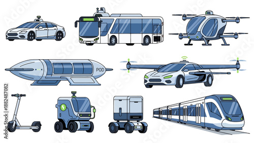 Set of Futuristic Transportation Vehicles Including Autonomous Cars, Electric Buses, Flying Drones, High-Speed Trains, and Delivery Robots on White Background