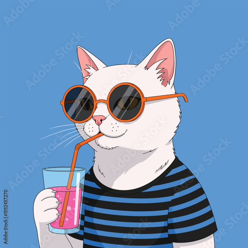 A cool anthropomorphic white cat in round sunglasses and a striped shirt sipping a pink drink.
