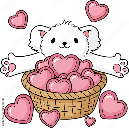 A cute fluffy white cartoon bear cub peeking over a woven basket filled with glossy pink hearts.