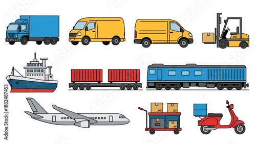 Vector collection of logistics and transportation icons including a cargo ship, airplane, freight train, delivery trucks, van, forklift, and delivery scooter.