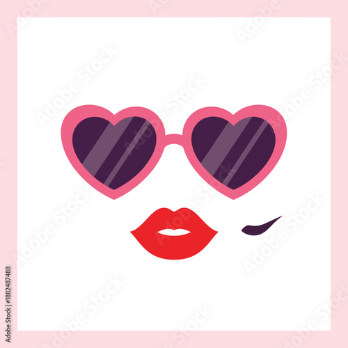 A glamorous illustration of pink heartshaped sunglasses vibrant red lips and a classic beauty mark.