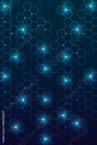 Vertical dark blue technology background with digital numbers and full hexagon grid