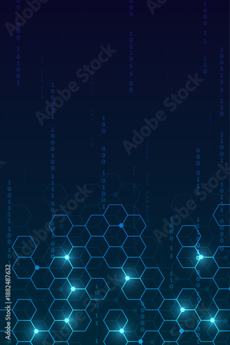 Vertical dark blue technology background with digital numbers and glowing hexagon pattern