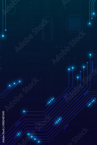 Vertical dark blue technology background with glowing circuit lines and connection dots