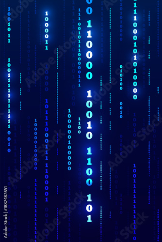 Vertical dark blue technology background with falling glowing digital number rain pattern