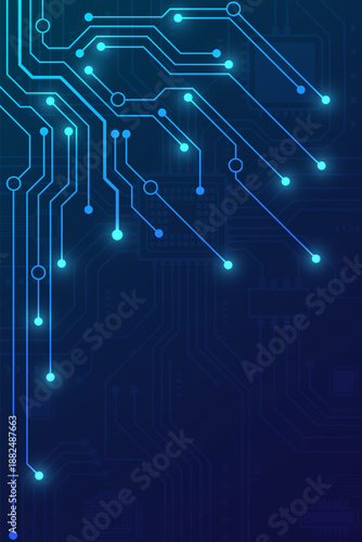 Abstract vertical blue technology background with glowing circuit lines and digital dots