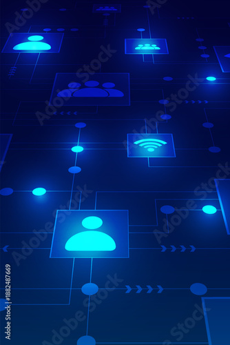 Vertical dark blue technology background with glowing user icons and network lines