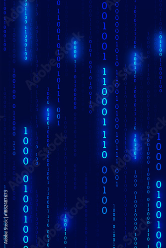 Vertical dark blue technology background with falling glowing digital number rain pattern