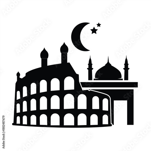 Black silhouette of mosque with crescent moon icon on white background islamic symbol with ramadan and muslim and religion and faith and eid