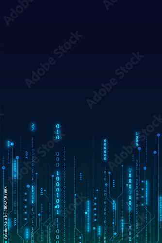 Vertical dark blue technology background with falling glowing digital number rain pattern