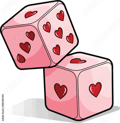 A pair of tumbling pink cartoon dice with shiny red hearts for pips.