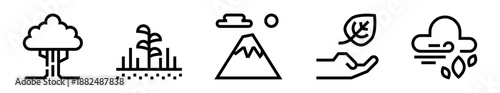 Conjunto de iconos de naturaleza. Medio ambiente, paisaje natural, ecología y sostenibilidad. Ilustración vectorial lineal
