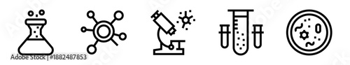 Conjunto de iconos de bioquímica. Investigación científica, análisis molecular, laboratorio y estudio celular. Ilustración vectorial lineal
