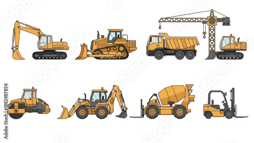 Comprehensive collection of yellow heavy construction vehicle vector icons featuring an excavator bulldozer dump truck crane steamroller backhoe and forklift.