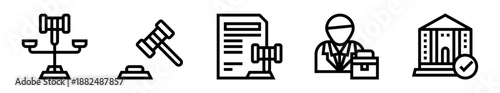 Conjunto de iconos de ley. Justicia, normativa legal, abogados y procesos jurídicos profesionales. Ilustración vectorial lineal