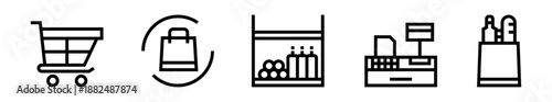 Conjunto de iconos de supermercado. Compras cotidianas, productos, consumo y experiencia comercial. Ilustración vectorial lineal