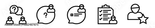 Conjunto de iconos de entrevista. Proceso de selección, evaluación de candidatos, preguntas y validación profesional. Ilustración vectorial lineal