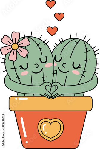 Adorable cartoon cacti couple hugging in a pot with a pink flower and love hearts.