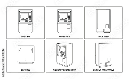 Atm machine blueprint various views side front back top perspective vector isolated on background